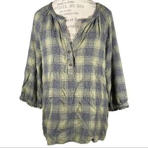Caffe Marrakesh Green & Gray Plaid Henley 3/4 Sleeve Blouse Size XL